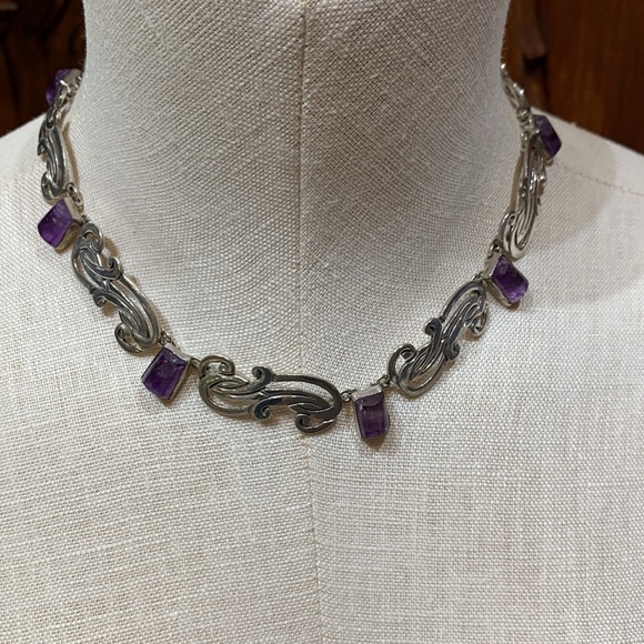 Signed BETO Mexican Silver & Amethyst Necklace 3 Piece Set - Picture 2 of 10